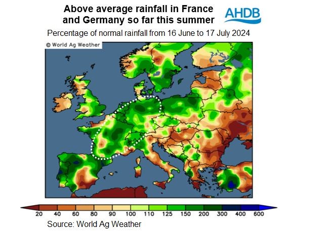 Map showing higher than normal rainfall from 16 June to 17 July 2024 in France and Germany